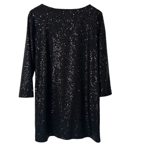Tahari Sequined Mini Shift Dress Womens Large Black 3/4 Sleeve Scoop Neck - Picture 2 of 6